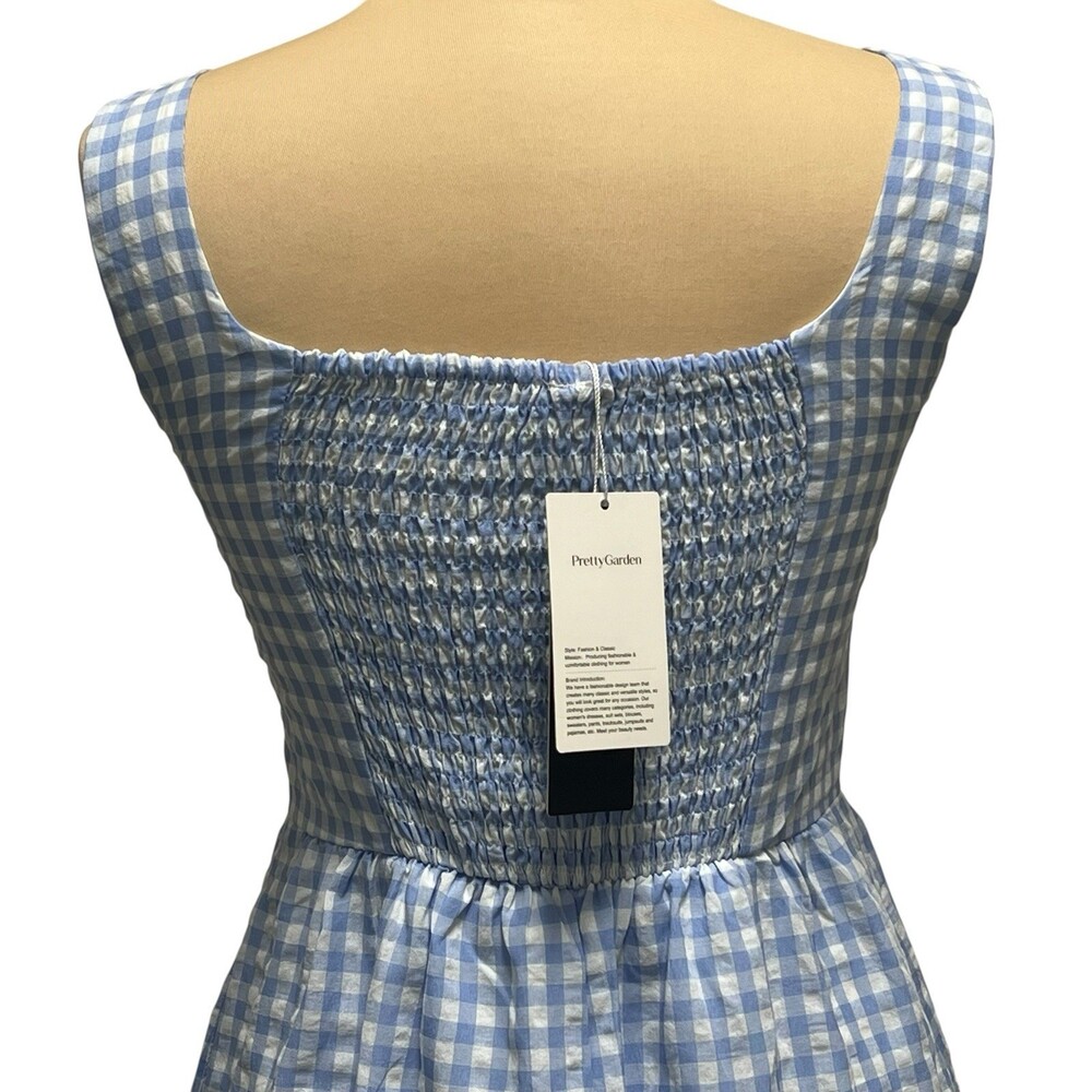 PrettyGarden Blue White Gingham Maxi Dress Smocked Back Sleeveless Size S NWT - Picture 7 of 12